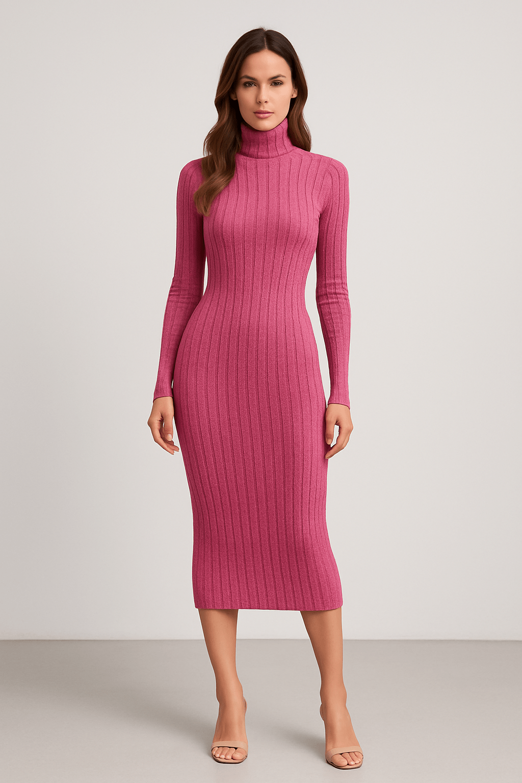 Women's Ribbed Turtleneck Long Sleeve Bodycon Midi Dress | Dress - KOZHIKO