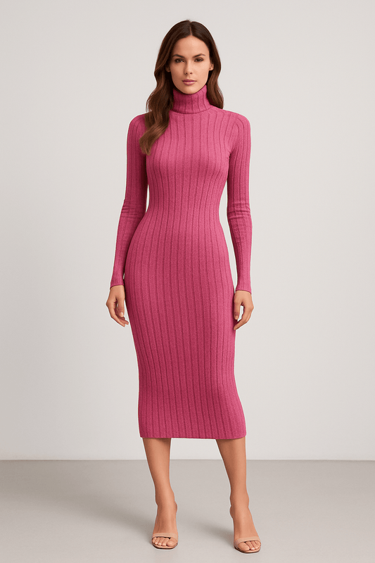Women's Ribbed Turtleneck Long Sleeve Bodycon Midi Dress | Dress - KOZHIKO