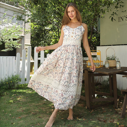 Women's Sleeveless Floral Maxi Dress with Lace Trim | Dress - KOZHIKO