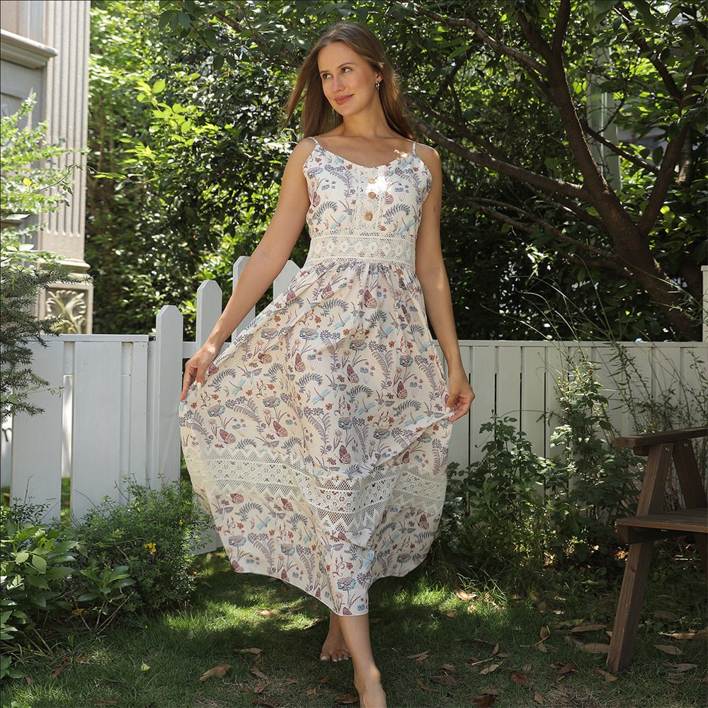 Women's Sleeveless Floral Maxi Dress with Lace Trim | Dress - KOZHIKO