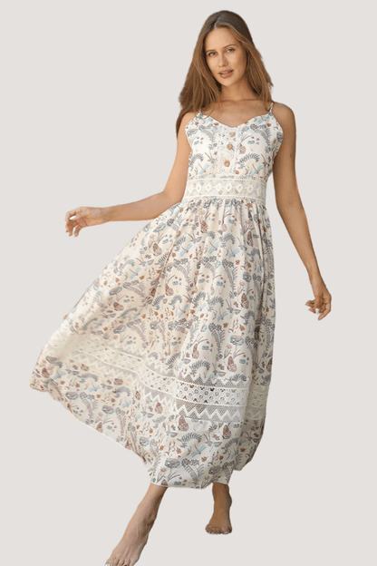 Women's Sleeveless Floral Maxi Dress with Lace Trim | Dress - KOZHIKO