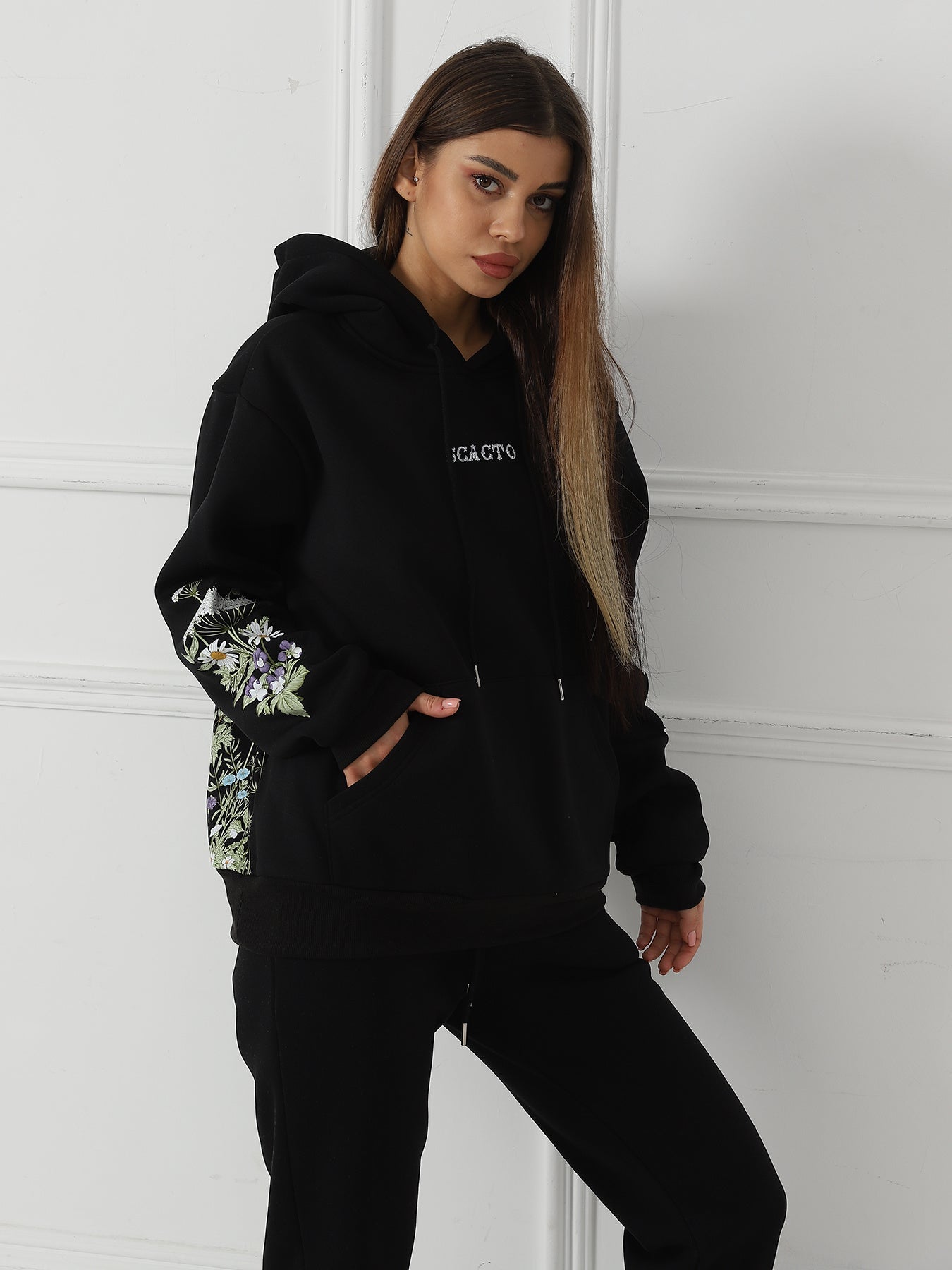 Women’s Solid Color Floral Print Hoodie | Outerwear & Jackets - KOZHIKO