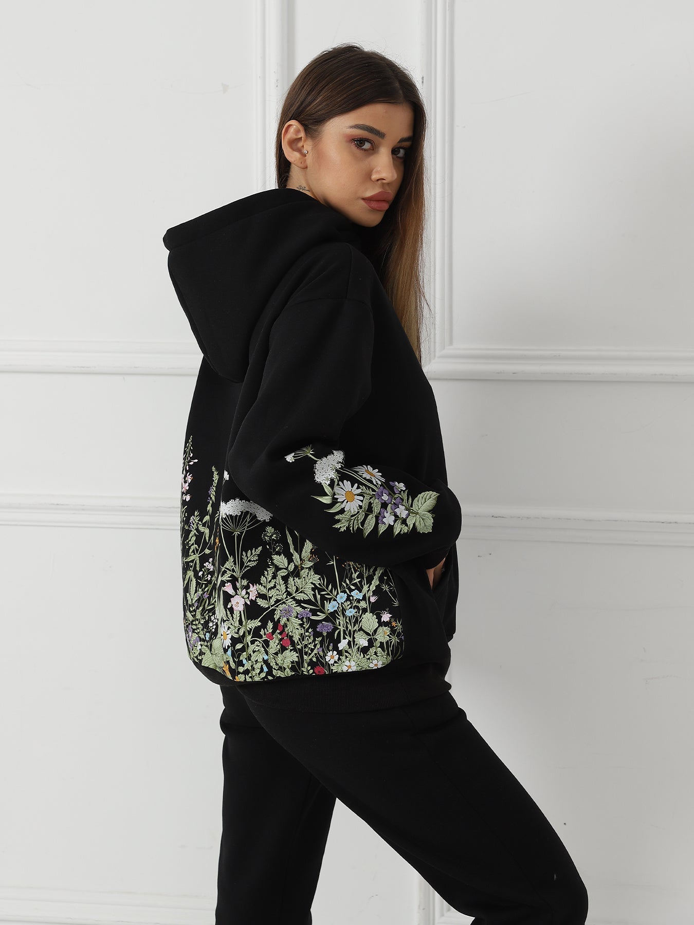 Women’s Solid Color Floral Print Hoodie | Outerwear & Jackets - KOZHIKO