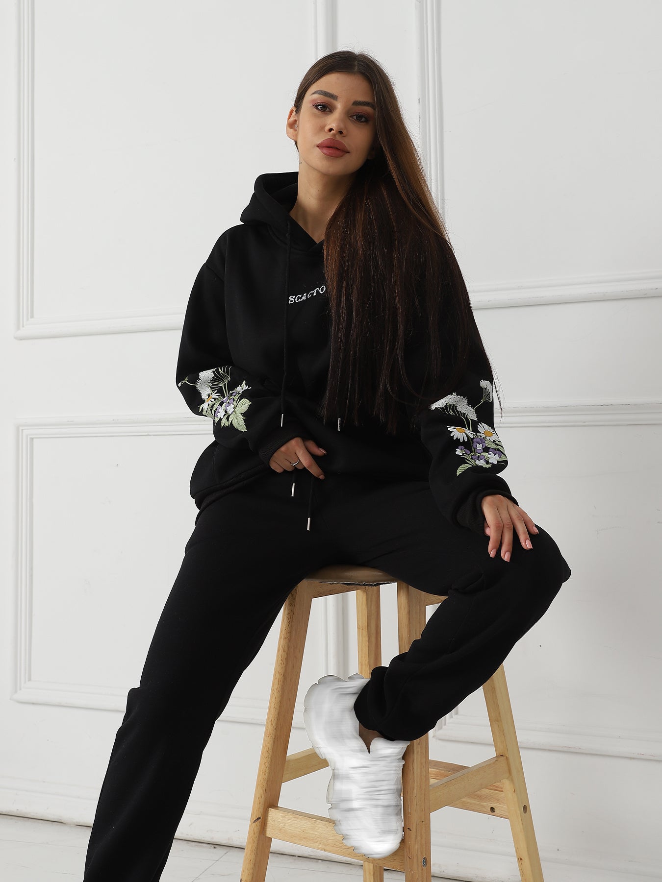 Women’s Solid Color Floral Print Hoodie | Outerwear & Jackets - KOZHIKO