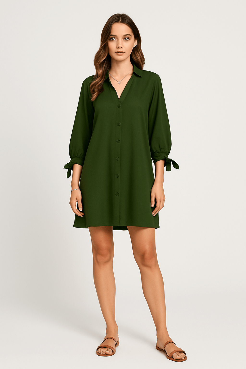 Women's Solid Color V - Neck Long Sleeve Shirt Dress | Dress - KOZHIKO
