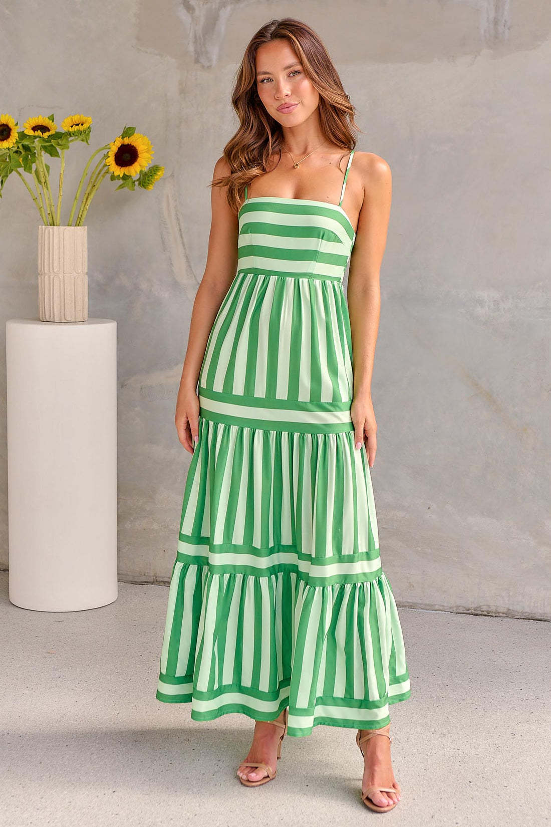 Women's Striped Maxi Sundress with Square Neck and Pockets | Dress - KOZHIKO