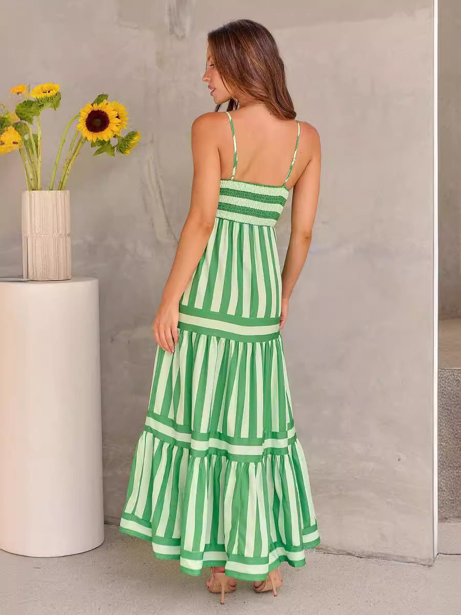 Women's Striped Maxi Sundress with Square Neck and Pockets | Dress - KOZHIKO