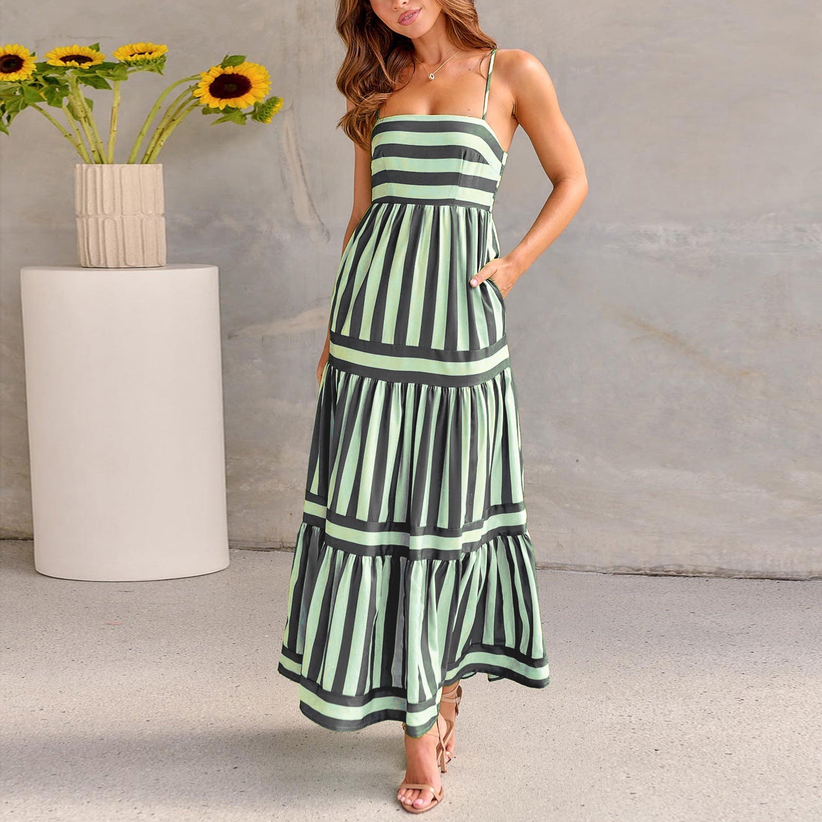 Women's Striped Maxi Sundress with Square Neck and Pockets | Dress - KOZHIKO