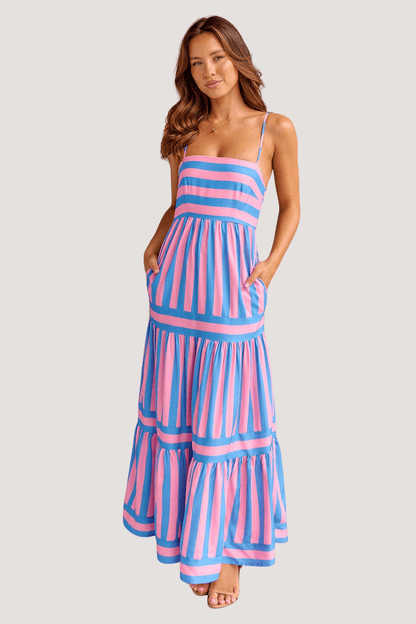 Women's Striped Maxi Sundress with Square Neck and Pockets | Dress - KOZHIKO