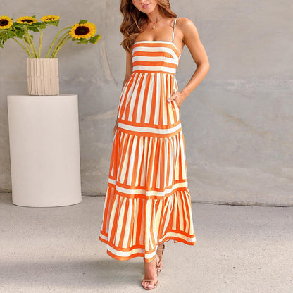 Women's Striped Maxi Sundress with Square Neck and Pockets | Dress - KOZHIKO