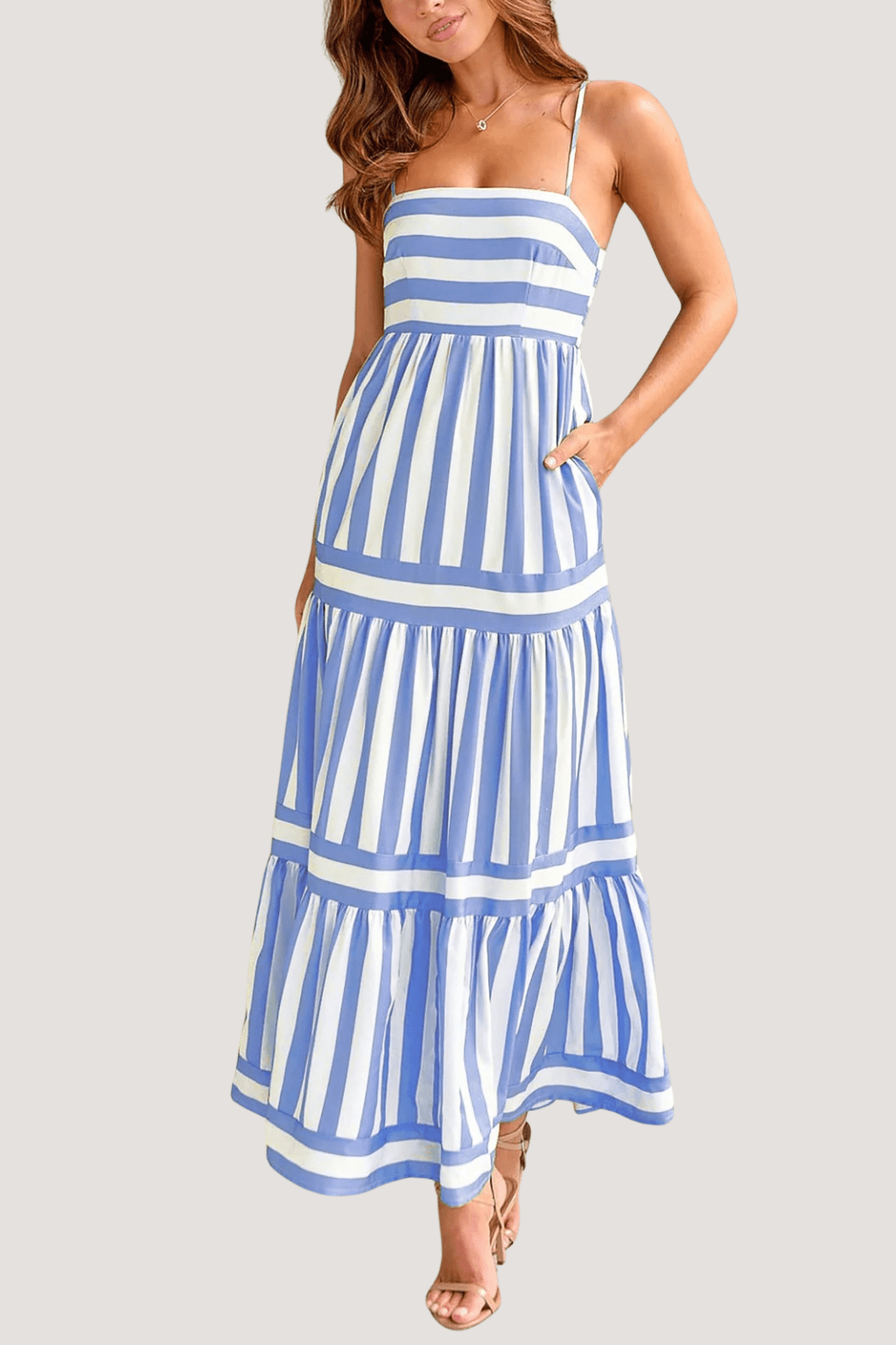 Women's Striped Maxi Sundress with Square Neck and Pockets | Dress - KOZHIKO