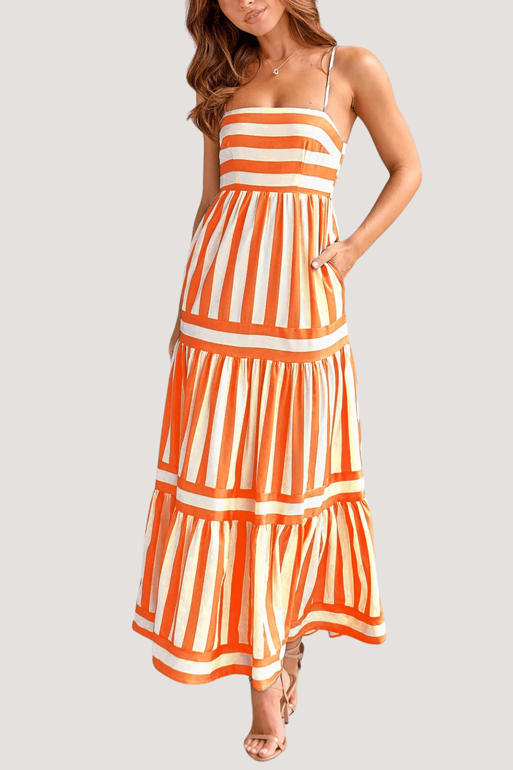 Women's Striped Maxi Sundress with Square Neck and Pockets | Dress - KOZHIKO