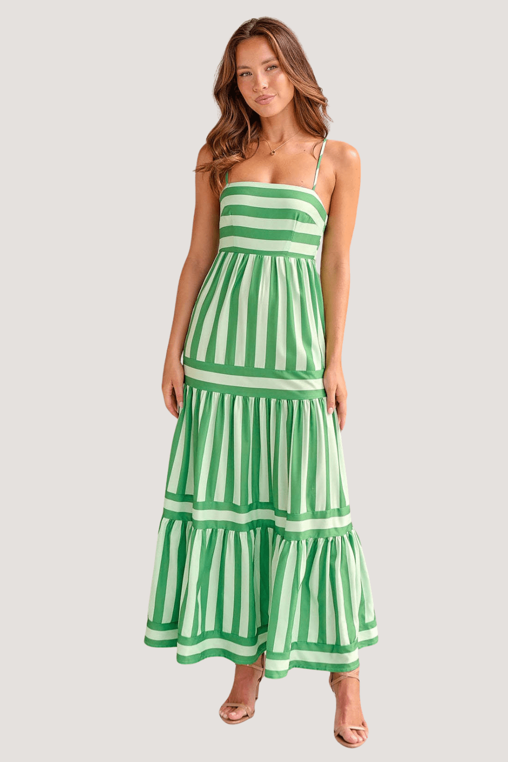 Women's Striped Maxi Sundress with Square Neck and Pockets | Dress - KOZHIKO