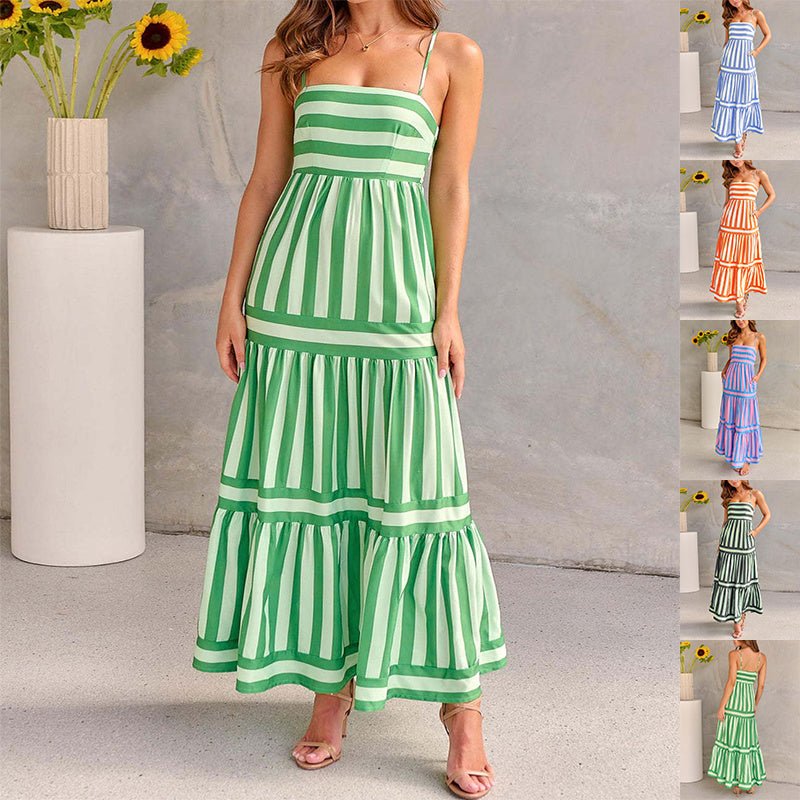 Women's Striped Maxi Sundress with Square Neck and Pockets | Dress - KOZHIKO