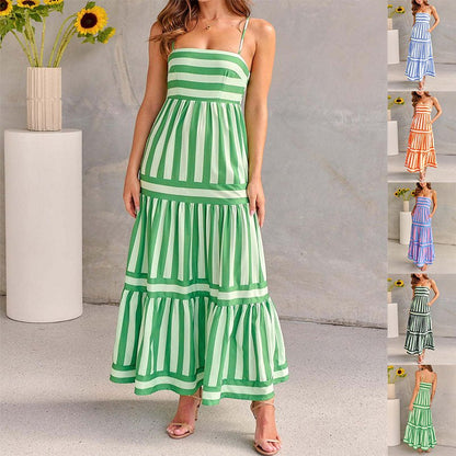 Women's Striped Maxi Sundress with Square Neck and Pockets | Dress - KOZHIKO