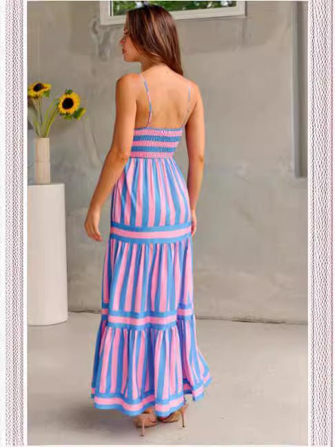 Women's Striped Maxi Sundress with Square Neck and Pockets | Dress - KOZHIKO