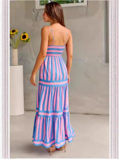 Women's Striped Maxi Sundress with Square Neck and Pockets | Dress - KOZHIKO