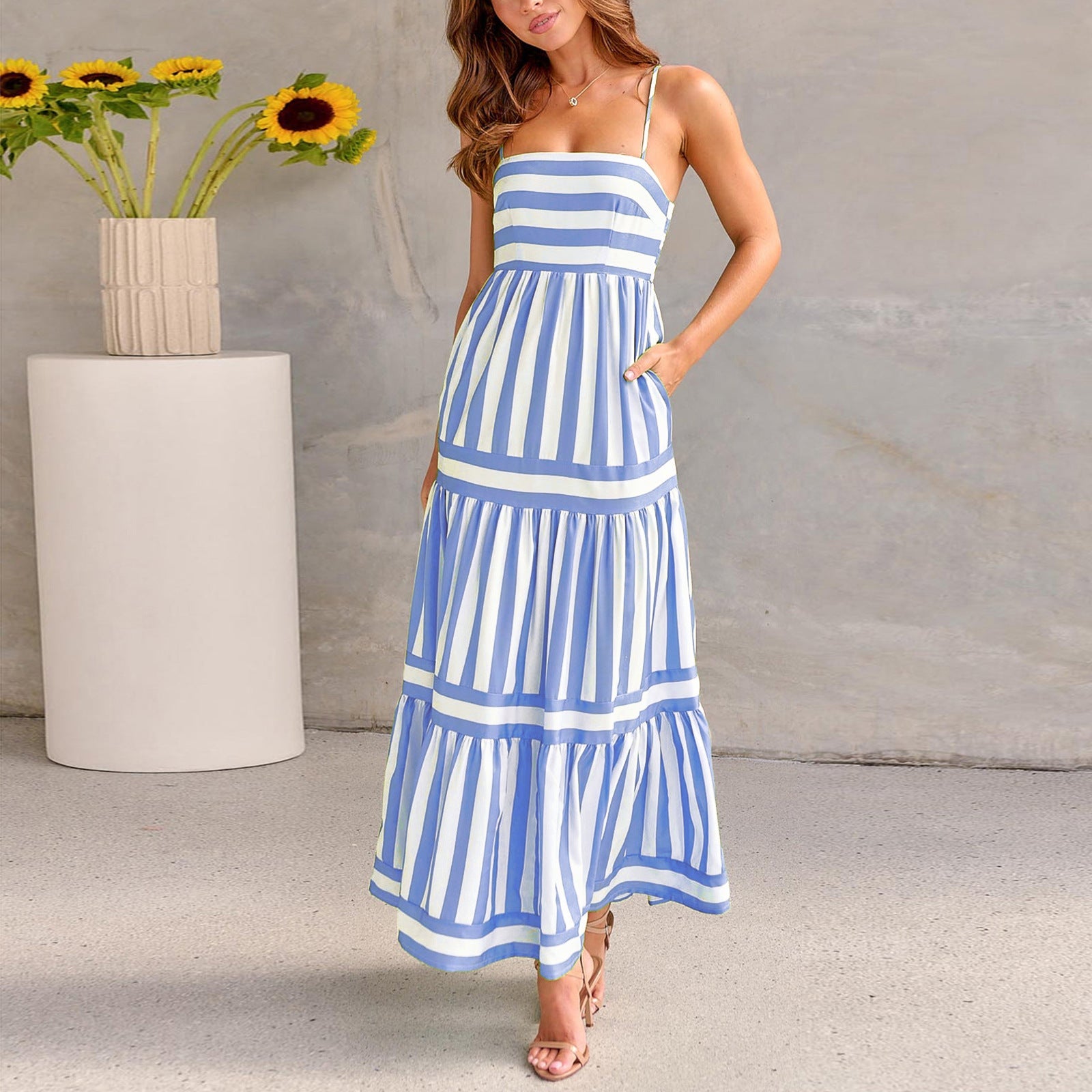 Women's Striped Maxi Sundress with Square Neck and Pockets | Dress - KOZHIKO